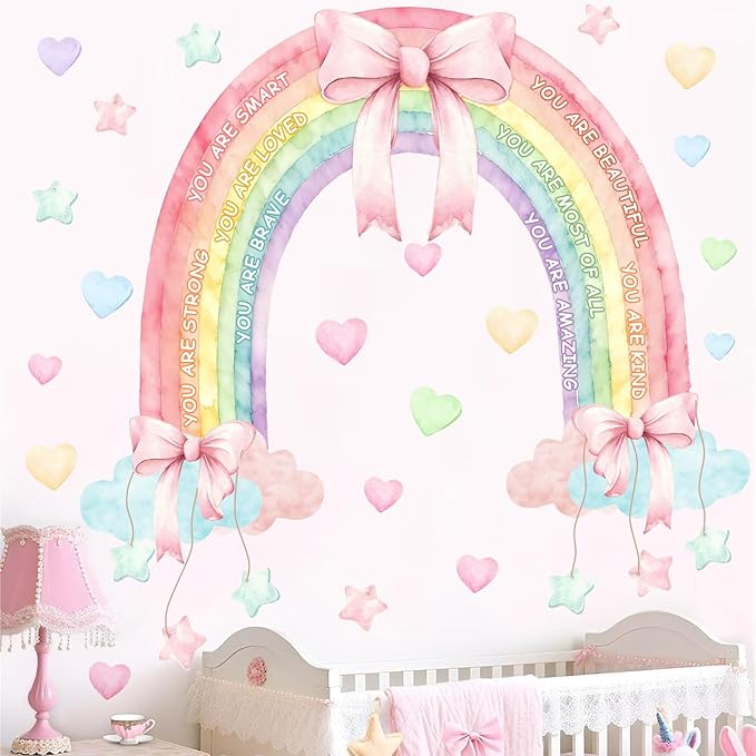 Large Watercolor Rainbow Wall Decals Pastel Pink Bow Wall Decor Kids Inspirational Vinyl Sticker Peel and Stick You are Loved Self-Affirmation Clouds Art Mural for Baby Girls Bedroom Nursery Playroom