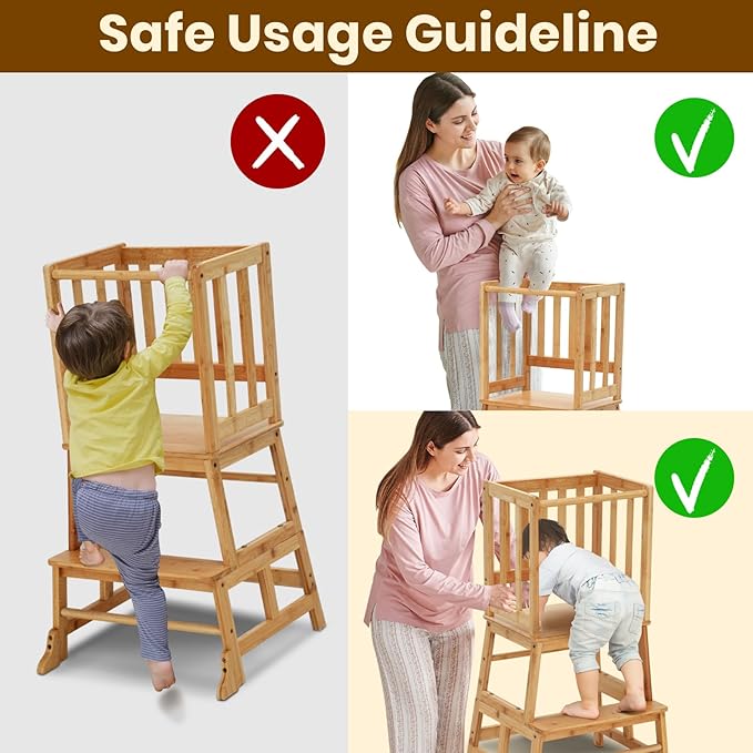 COSYLAND Toddler Kitchen Step Stool Helper - Wooden Standing Tower for Kids with Anti-Tip Support Legs (Natural)
