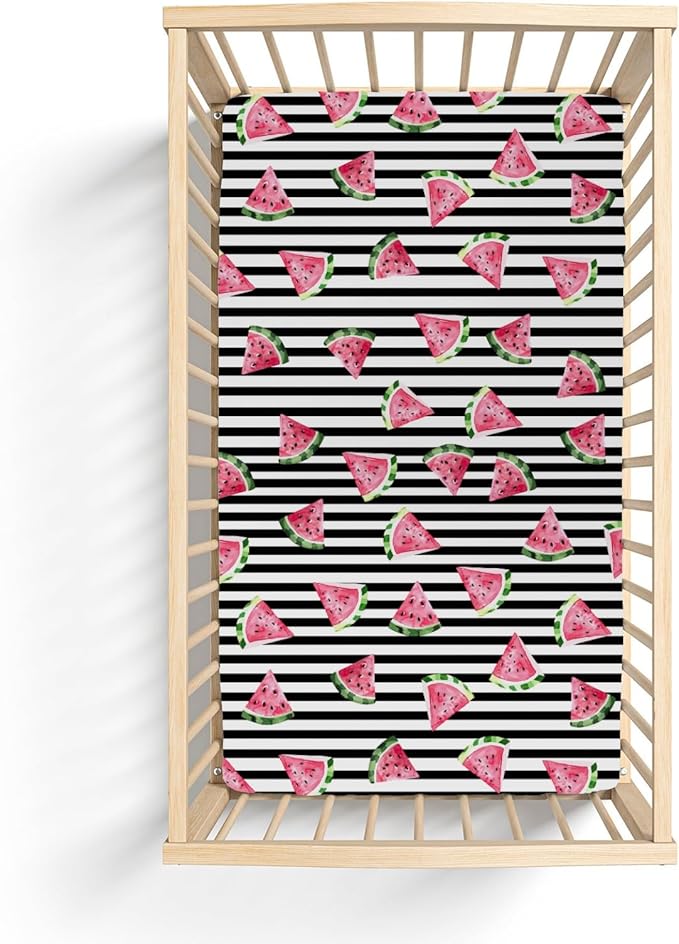 Watermelon Black and White Stripes Baby Crib Sheets for Boy Girl 52"x28" Tropical Summer Fruits Soft Stretchy Fitted Crib Mattress Cover Beach Vacation Baby Sheet for Crib and Toddler Bed Mattresses