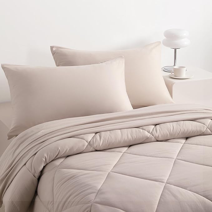 NTBAY Twin Comforter Set with Sheets, 5 Pieces Soft and Breathable Twin Bedding Set, Twin Bed in a Bag, Down Alternative Comforter Set Solid Color All Season, Kids Bedding Set, Taupe