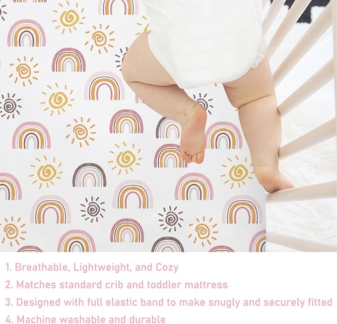 Boho Sunshine Rainbow Baby Crib Sheets 52''x28'' Colorful Rainbow Sun Stretchy Fitted Crib Mattress Cover for Boy Girl Soft Baby Nursery Bed Sheet for Standard Crib and Toddler Mattresses