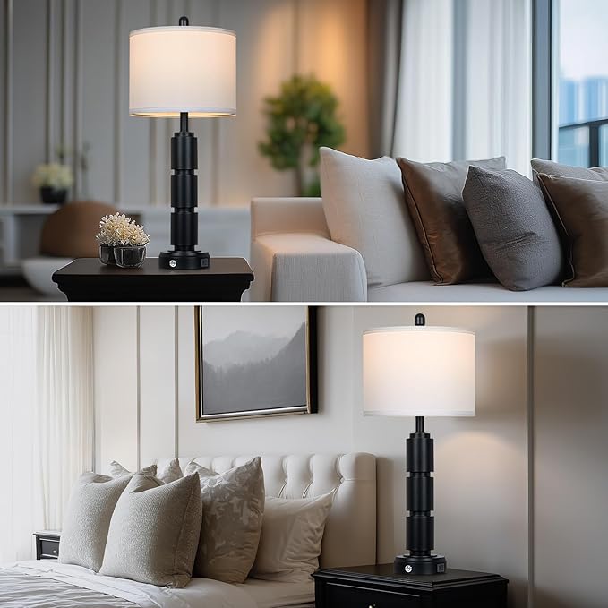 luxeflow Set of 2 Modern Table Lamps for Living Room Bedroom,29" Tall Bedside Lamp with 2 USB Port,Black Metal Touch Nightstand Lamp for Desk End Side Table Entryway,Black