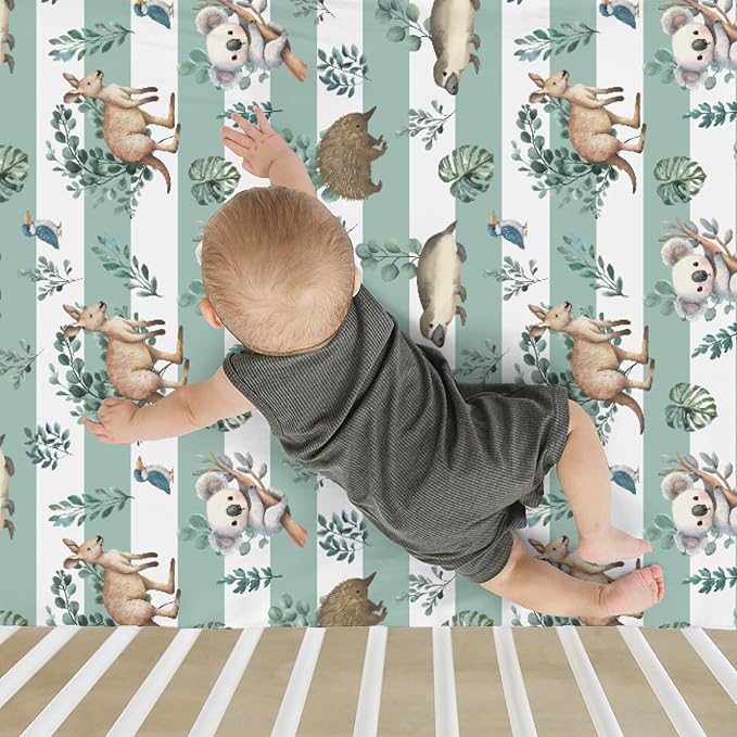 Australian Animals Tropical Leaves Baby Crib Sheets for Boy Girl 28"x52" Koala Green Stripes Soft Stretchy Fitted Crib Mattress Cover Native Australia Baby Sheet for Standard Crib & Toddler Mattress