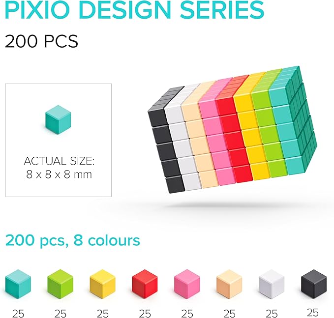PIXIO-200 - Tiny Magnetic Blocks Building Toy in Pixel Art Style with Free App - 5/16" Plastic Cubes with 6 Magnets Inside - Open Ended Toy - Ages 6+