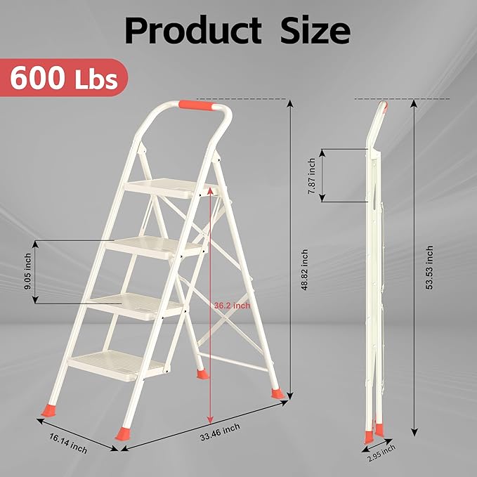Foldable Step Ladder Stool - 600Lbs Heavy Duty Tall 4-Step Extension Ladder with Handrails for Home Adults, Ideal for Kitchen & Indoor Closet Use - Extendable Stepping Stool for Indoor Households