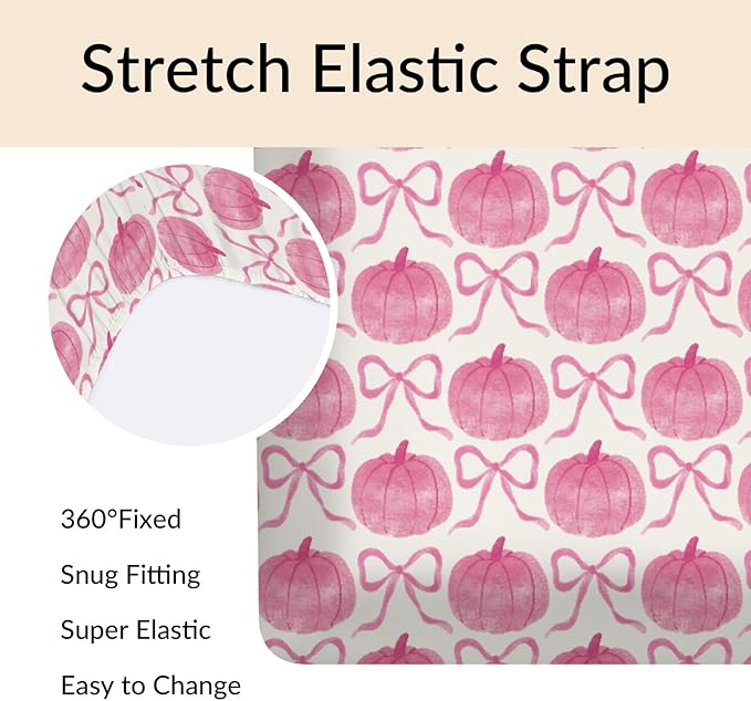Fall Pumpkins Pink Bows Baby Crib Sheets Vintage Autumn Pumpkins Baby Sheet Thanksgiving Harvest Fitted Crib Mattress Cover for Standard Crib and Toddler Mattress 28"x52"