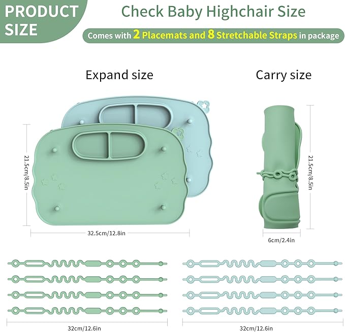 Baby Placemats for Weaning Babies - 2 Silicone Toddler Placemat with 4 Strong Suction Cups & 8 Stretchable Straps | BPA-Free Baby Table Mat for Restaurants, Dining Table & Toddler Mealtime