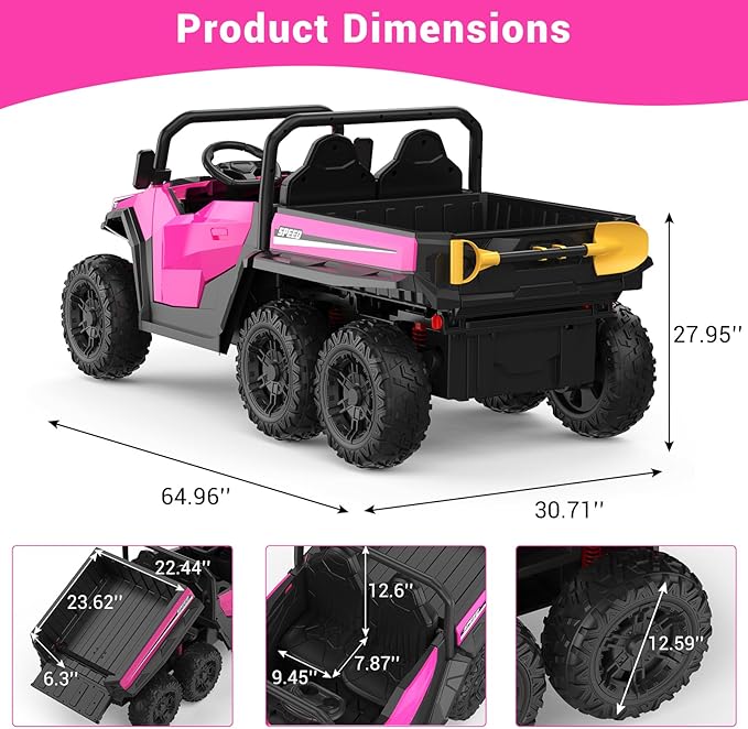 24V 2 Seater Ride on Dump Truck with Remote Control for Big Kids, 4WD 6 Wheels Ride on Car w/Music Player & LED Lights, Ride Toy Gift for Kid