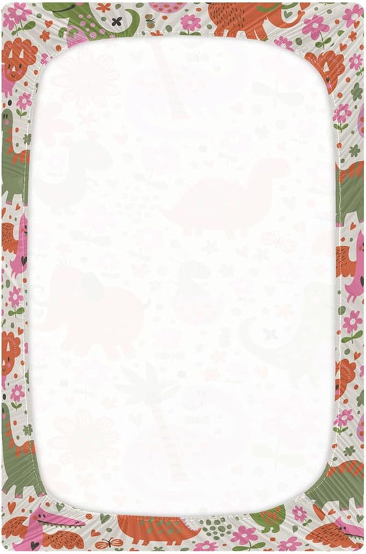 Cute Dinosaurs Flower Crib Sheets Soft Breathable Fitted Baby Crib Sheets Mattress Cover for Girls Boys, 52" x 28" x 9"