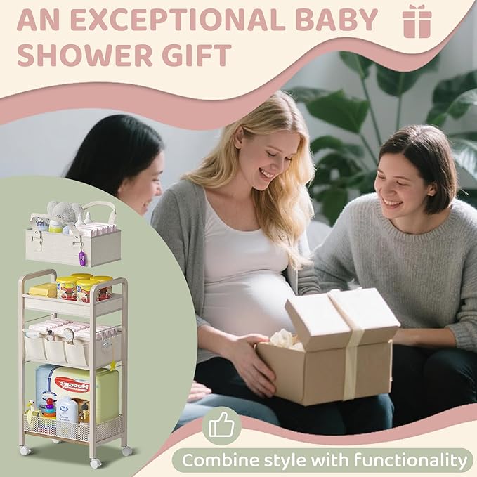 JRANBRJS Baby Diaper Caddy Organizer and Storage,2In1 Baby Cart Organizer-Baby Diaper Caddy+3 Tier Rolling Cart for Baby Nursery,Baby Bedside Cart,Easy Assembly,Beige