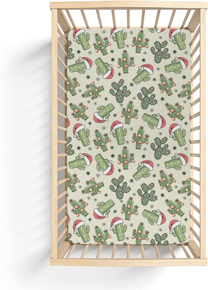 Christmas Cactus Santa Hat Baby Crib Sheets for Boy Girl 52x28Inch Green Cactus Balls Snowflakes Soft Snug Fitted Crib Mattress Cover West Desert Plant Baby Sheet for Standard Crib & Toddler Mattress
