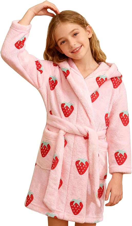 SANGTREE Boys Girls Robe Fleece Hooded Soft Toddler Bathrobe Cute Boys Bathrobe Fuzzy Plush Robes for Kids, 2-12 Years