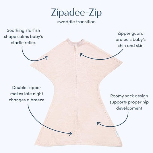 SleepingBaby Zipadee-Zip Transition Swaddle - Cozy Baby Swaddling Blanket with Zipper Convenience - Roomy Wearable Blanket for Easy Diaper Changes - 3-6 Month - Ballet Pink Heather