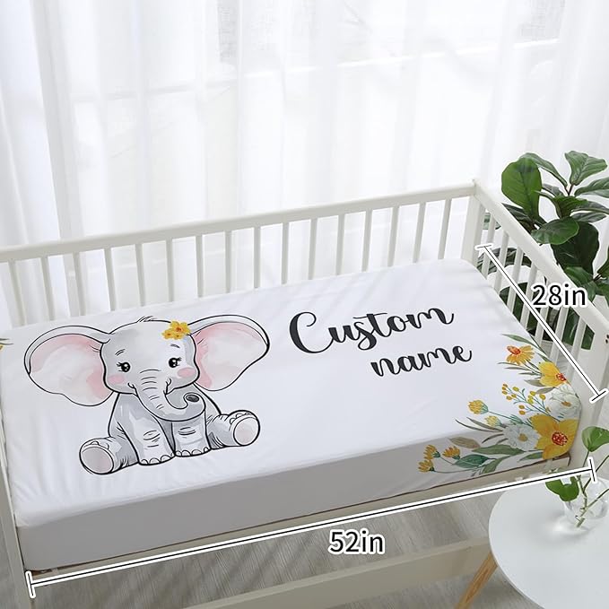 Personalized Baby Crib Bedding Set: 4 Piece Custom Yellow Floral Elephant Crib Bed Set with Name, Nursery Bedding Set for Baby Girls, Newborn Boys Crib Sets, Crib Bedding Custom Gift, Crib Sheet
