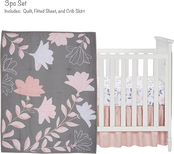 Lambs & Ivy Petals Gray/Pink Sateen Cotton Floral 3-Piece Baby Crib Bedding Set