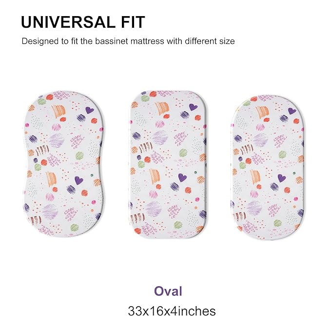 TILLYOU Baby Bassinet Sheets for Girls Boys, Fit for Hourglass Oval Rectangle Bassinet Mattress Sheets, 33”X16”, 2 Pack Animal Graffiti & dot Printing