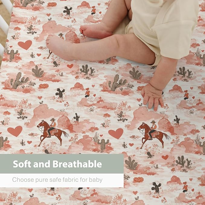 Retro Cowgirl Horse Cactus Love Baby Crib Sheets for Boy Girl 52x28Inch Western Cowgirl Hearts Soft Stretchy Fitted Crib Mattress Cover Wild Desert Baby Sheet for Standard Crib and Toddler Mattress