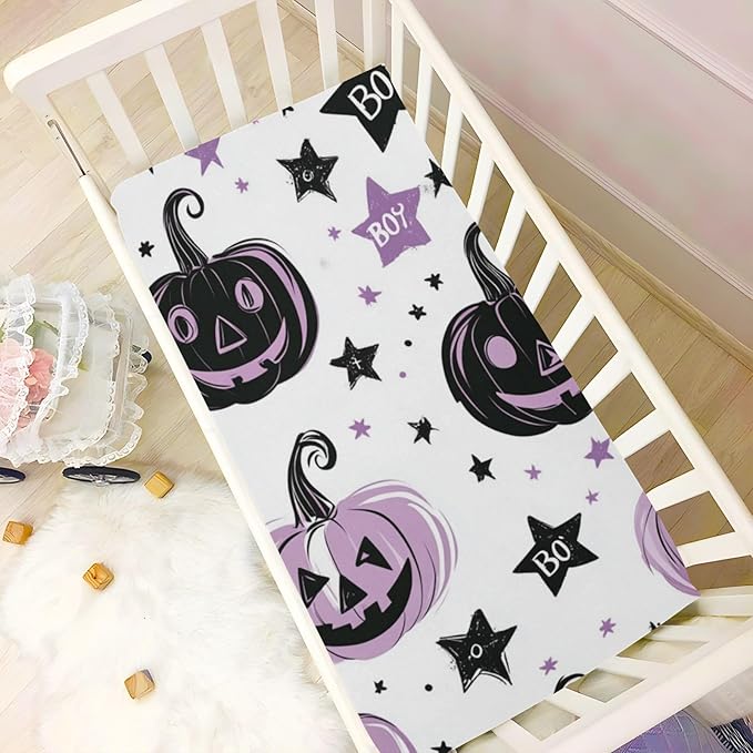 Halloween Spooky Pumpkins Purple Crib Sheets Standard Crib Toddler Mattresses Cover Fitted Baby Bed Sheet Breathable Crib Mattress Sheet for Girls Boys 39''x27''x9''