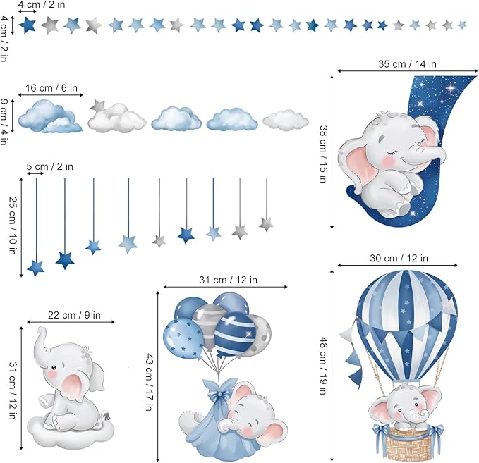 decalmile Blue Grey Sleeping Elephant Wall Decals Hot Air Balloon Moon Clouds Stars Wall Stickers Baby Nursery Kids Bedroom Daycare Wall Decor