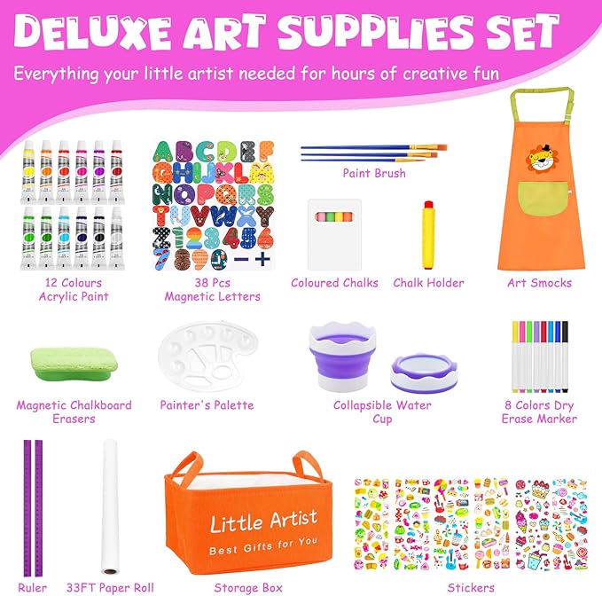 Easel for Kids Toys,Toddler Art Easel with Art Supplies, Height Adjustable Double-Sided Magnetic Dry Eraser Whiteboard and Chalk Board with Paper Roll,4 5 6 7 8 9 10 Year Old Girl Birthday Gifts