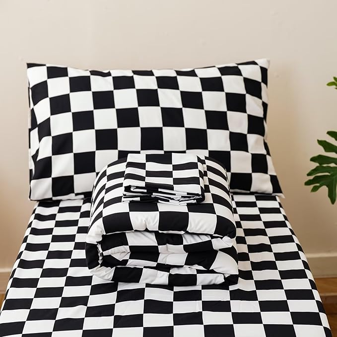 CLOTHKNOW 4 Pieces Plaid Toddler Bedding Sets for Boys Grils, Black White Grid Pattern, Soft Crib Bed Set Including Comforter, Flat Sheet, Fitted Sheet and Pillowcase, Black White