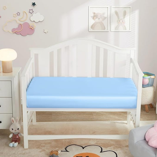 Horbaunal 2 Pack Satin Pack n Play Sheets for Baby with Sensitive Hair and Skin, Silky Mini Crib Sheets 38" x 24" x 5", Soft Playard Sheet Protector Baby Mattress Sheet, Baby Blue & Grey