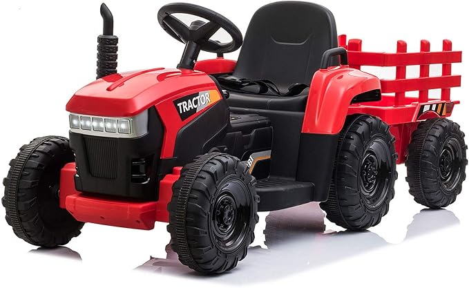 TOBBI Kids Electric Toy Tractor with Trailer, Toddlers 12V Battery-Powered 6-Wheels Vehicle, Ride On Car to Drive with 35W Dual Motor/3-Speeds/LED & Horn Functions for Chirdren Aged 3-6-Red