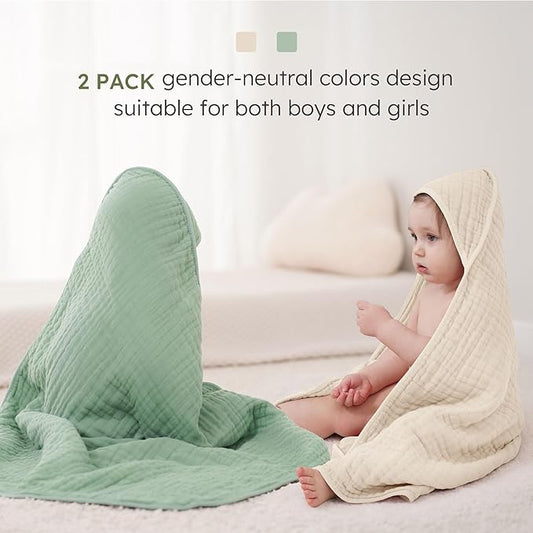 Looxii Baby Bath Towels 2 Pack Muslin Hooded Baby Towels for Newborn and Infants, 100% Cotton, Large 32x32Inch, Soft and Absorbent Beige+Green