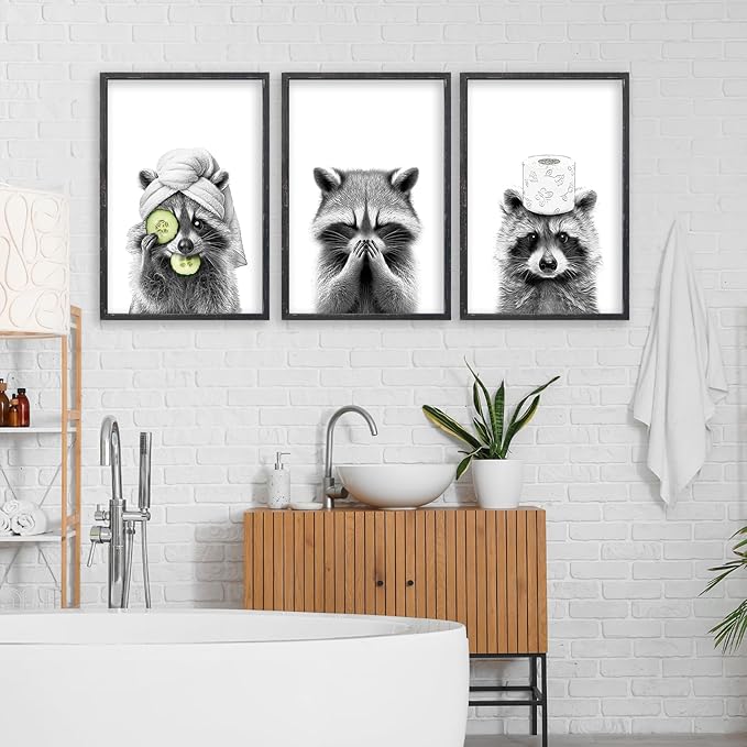 Funny Raccoon Bathroom Wall Decor Art 24x16 Inch Set of 3 Fun Bathroom Modern above the Bathtub Sign Rustic Restroom Farmhouse Cute Washroom Animal Prints Wood Framed Wall Hanging (Black)