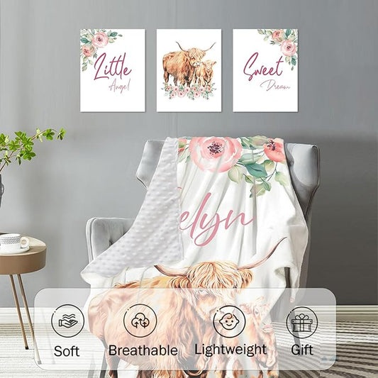 Personalized Baby Crib Bedding Set: 4 Piece Custom Floral Highland Cow Crib Bed Set with Name, Nursery Bedding Set for Baby Girls, Newborn Boys Crib Sets, Crib Bedding Custom Gift, Crib Sheet