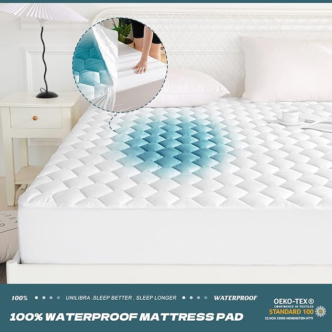 UNILIBRA Twin Mattress Protector Waterproof, Deep Pocket Mattress Pad Cover Up to 18 Inches, Quilted Fitted Hollow Cotton Filling Breathable Mattress Topper