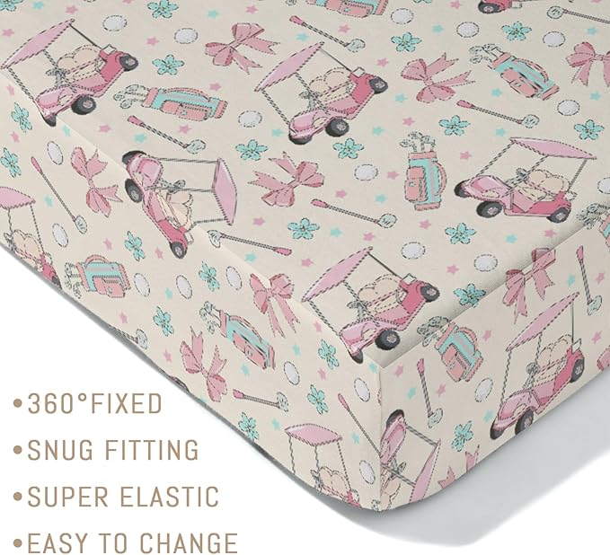 Girly Golf Stripes Bows Floral Baby Crib Sheets for Girls Pastel Pink Golfing Soft Snug Fitted Crib Mattress Covers for 52''x28'' Standard Crib & Toddler Mattress Preppy Girl Sports Nursery Bed Sheets