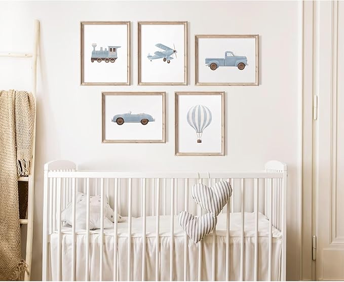 Blue Car Wall Art Decor Boys Room Canvas Poster Vintage Train Transportation Wall Art Watercolor Toddler Art Prints Blue Car Pictures Painting for Boy Bedroom Kids Nursery 12x16 Inch Unframed Set of 5