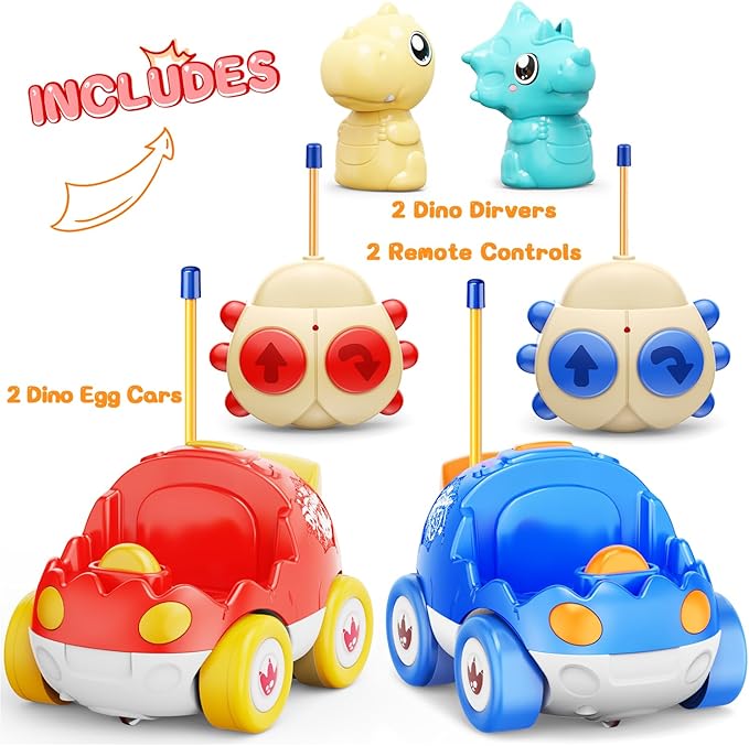 2 Pack Dinosaur Remote Control Cars Toys for Kids 2 3 4 5 6 Years Old, Christmas Birthday Gifts for Boys and Girls Ages 2-6, Dino Race Car Toddlers Toys with Music and Light(Red Blue)