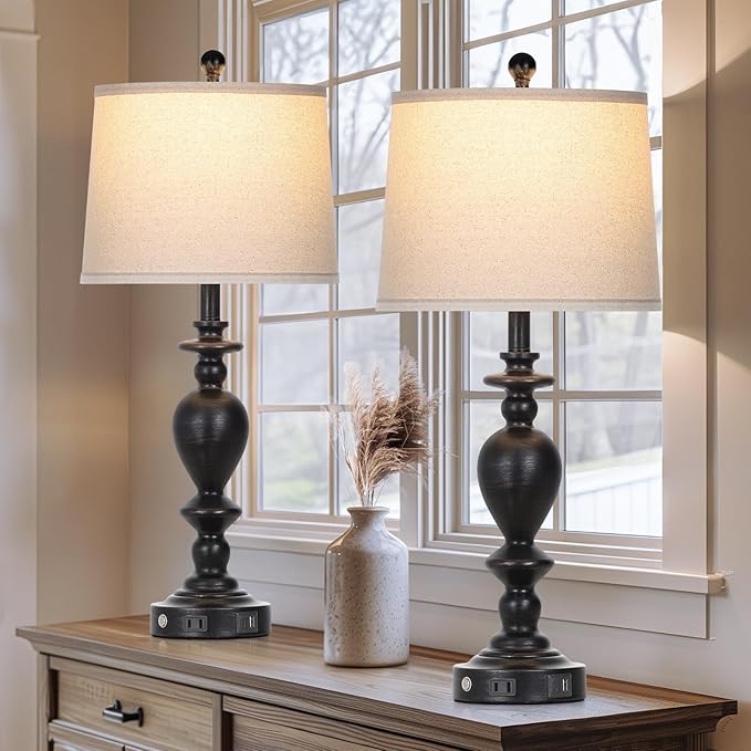 luxeflow 28" Tall Farmhouse Bedside Lamp Set of 2,Black Vintage Bedside Lamps with USB C+A Ports & AC Outlet,3-Way Dimmable Touch Lamp for Night Stands Living Room Bedroom,Black-2