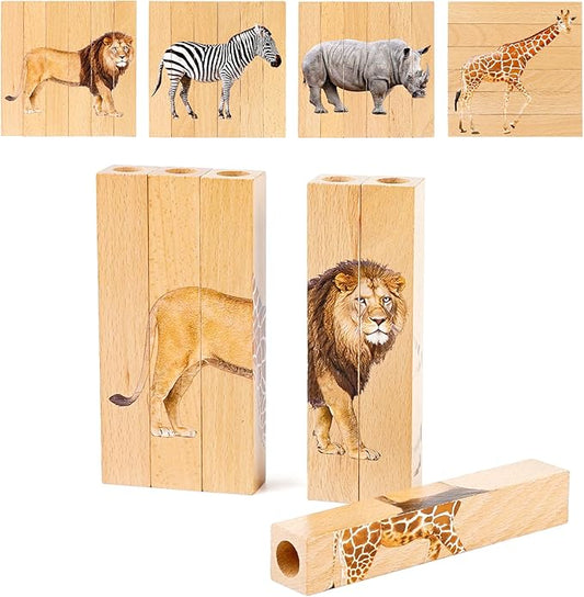 Joyreal Wooden Animal Chunky Puzzles for Toddlers, Montessori 4 in 1 Safari Animal Block Puzzle Toy, Preschool Learning Educational Interactive Toys Gift for Toddlers 2 3 4 5 6 Years Old