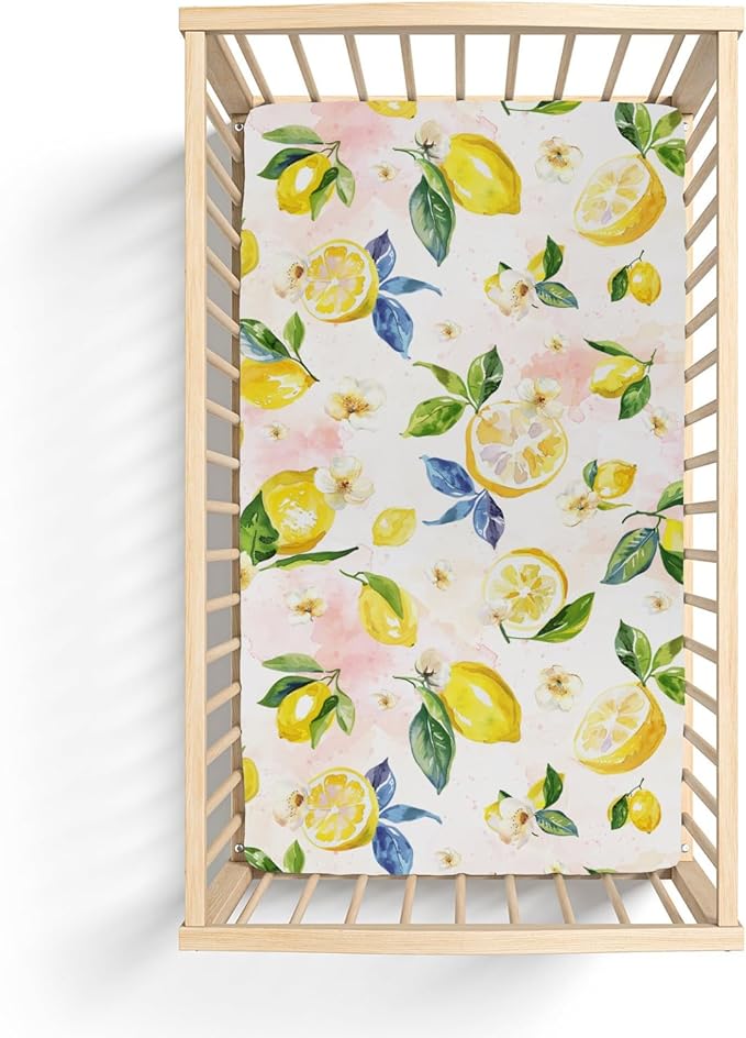 Lemons Baby Crib Sheets for Boy Girl 52x28Inch Lemon Branch Leaves Flowers Soft Stretchy Fitted Crib Mattress Covers Tropical Summer Fruits Baby Sheet for Standard Crib and Toddler Bed Mattress