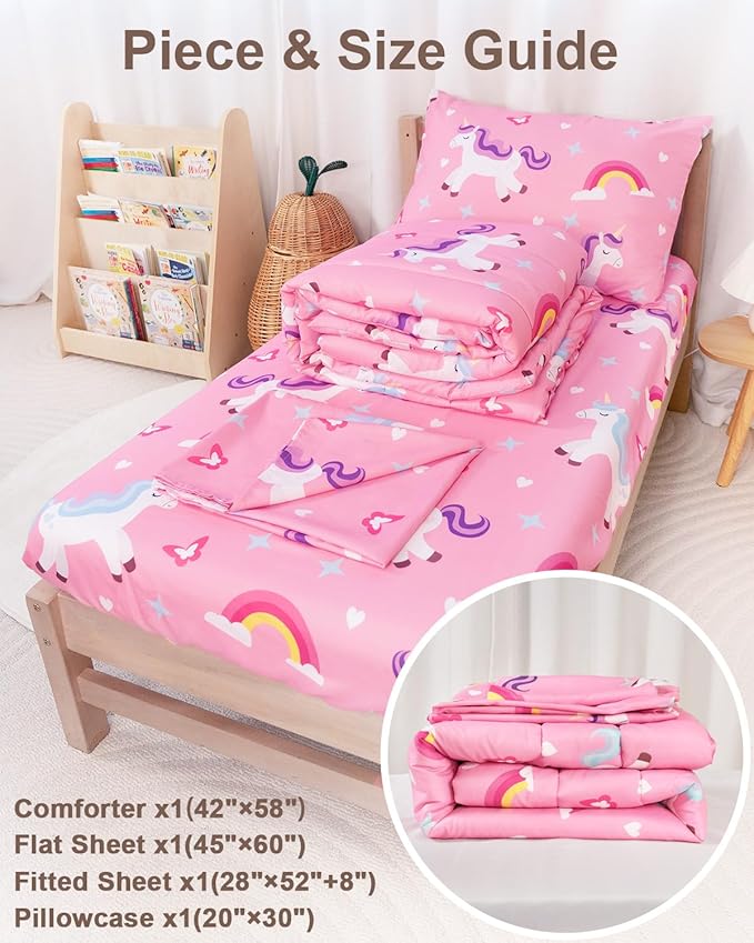 TinyPalsa Toddler Bedding Set, 4-Piece Pink Rainbow Pony Comforter Set for Girls and Boys, Breathable Crib Bedding Includes Ultra-Soft Quilt, Flat & Fitted Sheets, Pillowcase