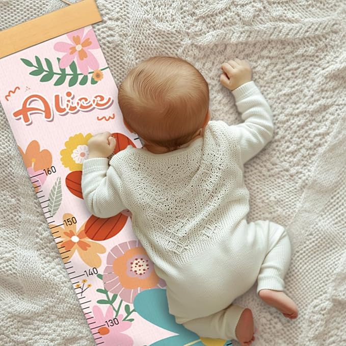Woodemon Personalized Name Growth Chart for Wall, Painted Flowers Canvas Height Chart for Kids Baby Child Toddler, Canvas Growth Chart for Wall Nursery Decor, Hangable & Waterproof