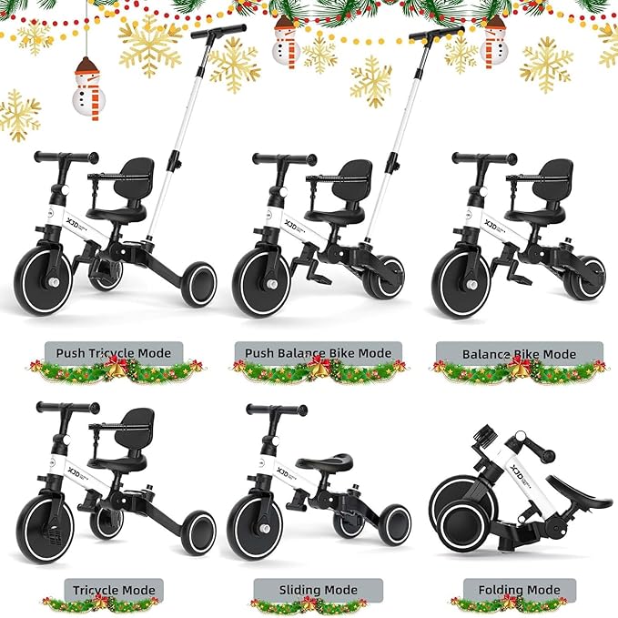 Glaf Tricycle for Toddlers 1-3 Toddler Bike with Push Handle 2-4 Years Baby Bike Toy for 1 Year Old Boys and Girls Balance Bike with Removable Pedal, Backrest, Adjustable Seat, Gifts (White)