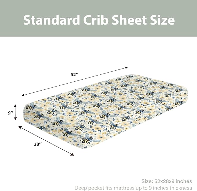 Bees Flowers Baby Crib Sheets for Boy Girl 52"x28" Vintage Bees Boho Wildflowers Soft Stretchy Fitted Crib Mattress Cover Bee Floral Spring Summer Baby Sheet Fits Crib and Toddler Bed Mattresses