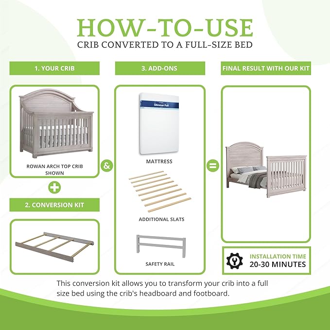 Full-Size Conversion Kit Bed Rails for Baby Appleseed and Eco-Chic Convertible Cribs - Solid Wood Rail - Toddler and Adult Bed Rail for Full-Size Beds - Nursery and Baby Furniture (Rainwash, Option 2)