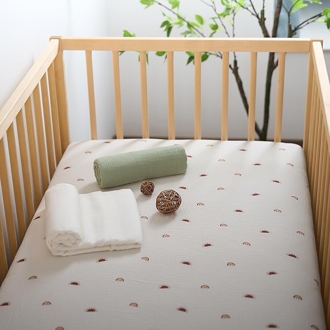 Meracorallo Muslin Fitted Crib Sheet, Soft and Breathable Baby Crib Sheet for Standard Crib and Toddler Mattresses, Sun Rainbow