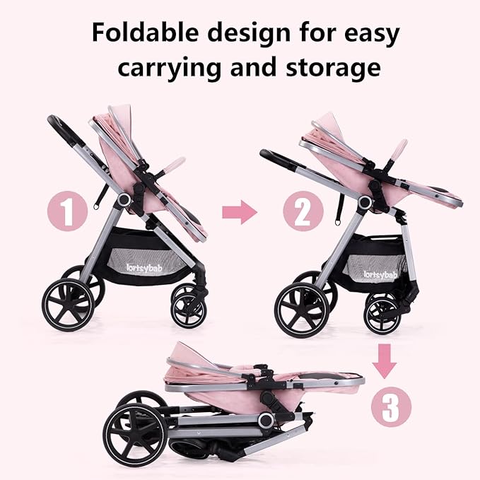2-in-1 Baby Stroller - Folding Infant Newborn Pram Stroller with Reversible Seat - Toddler Strollers for 0-36 Months Old Babies (Pink)