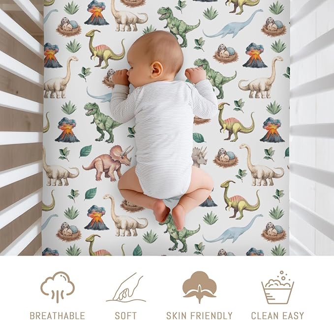 Watercolor Dinosaurs Baby Crib Sheets for Boy Girl Dino Eggs Leaves Volcano Adventure Soft Snug Fitted Crib Mattress Covers Fit 52''x28'' Standard Crib & Toddler Mattress Jungle Animal Bed Sheets