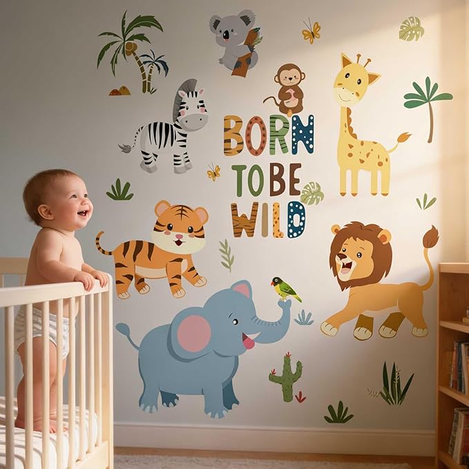 Jungle Animal Wall Stickers for Baby: Peel and Stick Safari Vinyl Wall Decals for Boys Nursery Girls Room Kids Bedroom Walls Art Decor - Ages 0-12 Years