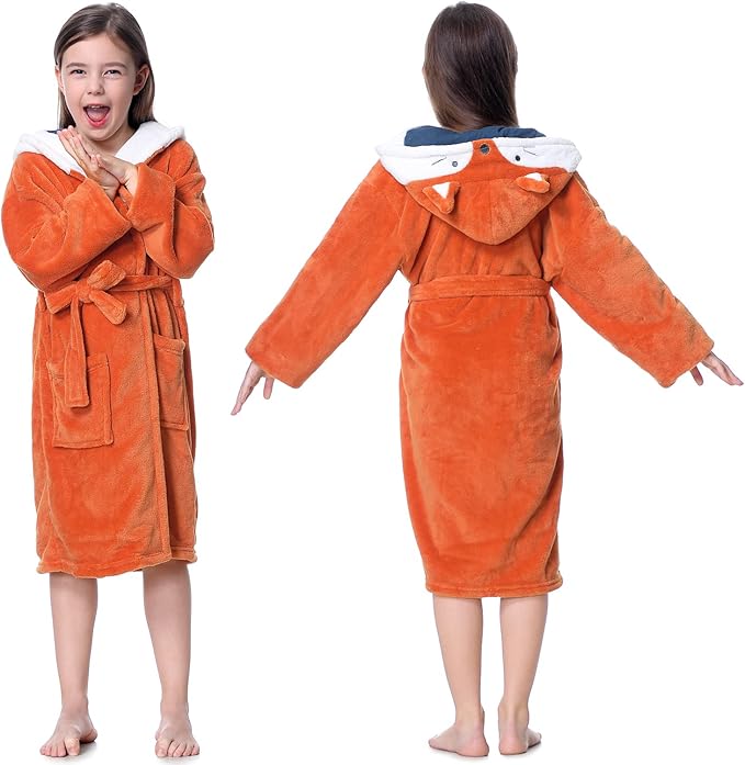 Hooded Herringbone Girl's Fleece Soft Spa Kimono Long Robe,Kids Comfy Sleepwear Bathrobe