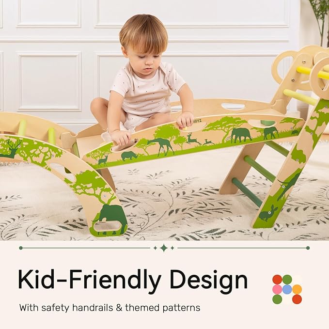 wingyz 8-in-1 Pikler Triangle Set with Cushion-Foldable Baby Climbing Toys with Arch, Ramp & Ladder | Montessori Toddler Climber Indoor Jungle Gym for 1-3 Year Olds (Green)