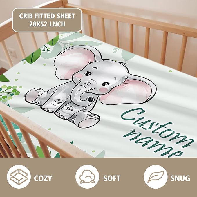 Custom Name Crib Bedding Set 3-Piece – Green Elephant Design Baby Bedding Set with Personalized Soft Blanket, Fitted Sheet, Changing Pad Cover – Ideal Newborn Gift for Boys and Girls