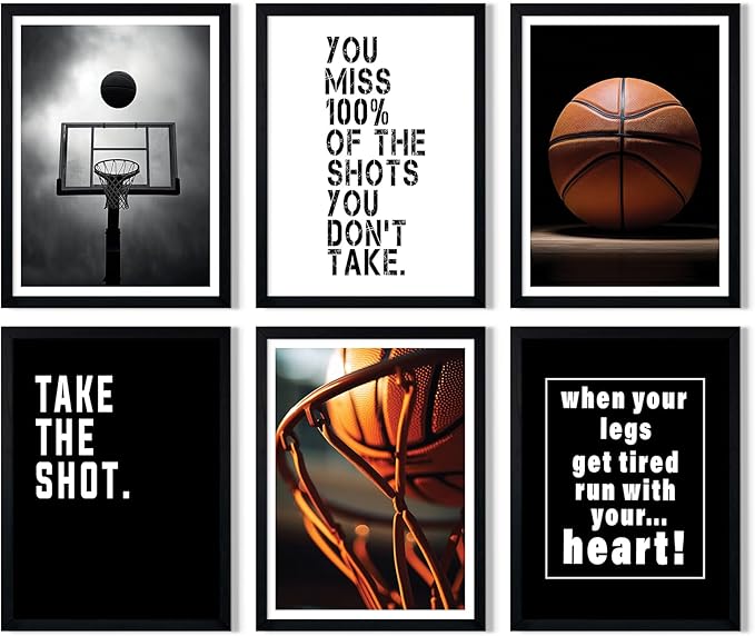 Basketball Wall Art Sports Canvas Poster Boys Room Wall Decor Inspirational Basketball Prints Motivational Quote Pictures Teen Sports Painting Black White Artwork for Kids Bedroom 12x16 Inch Unframed